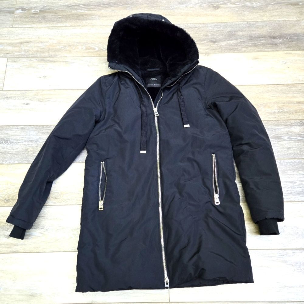 Zara hooded black winter long warm jacket size women's small